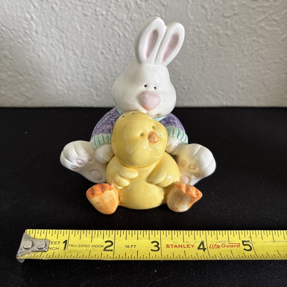 Vintage Russ Berrie Easter Salt And Pepper Shakers Chick and Rabbit Stoneware